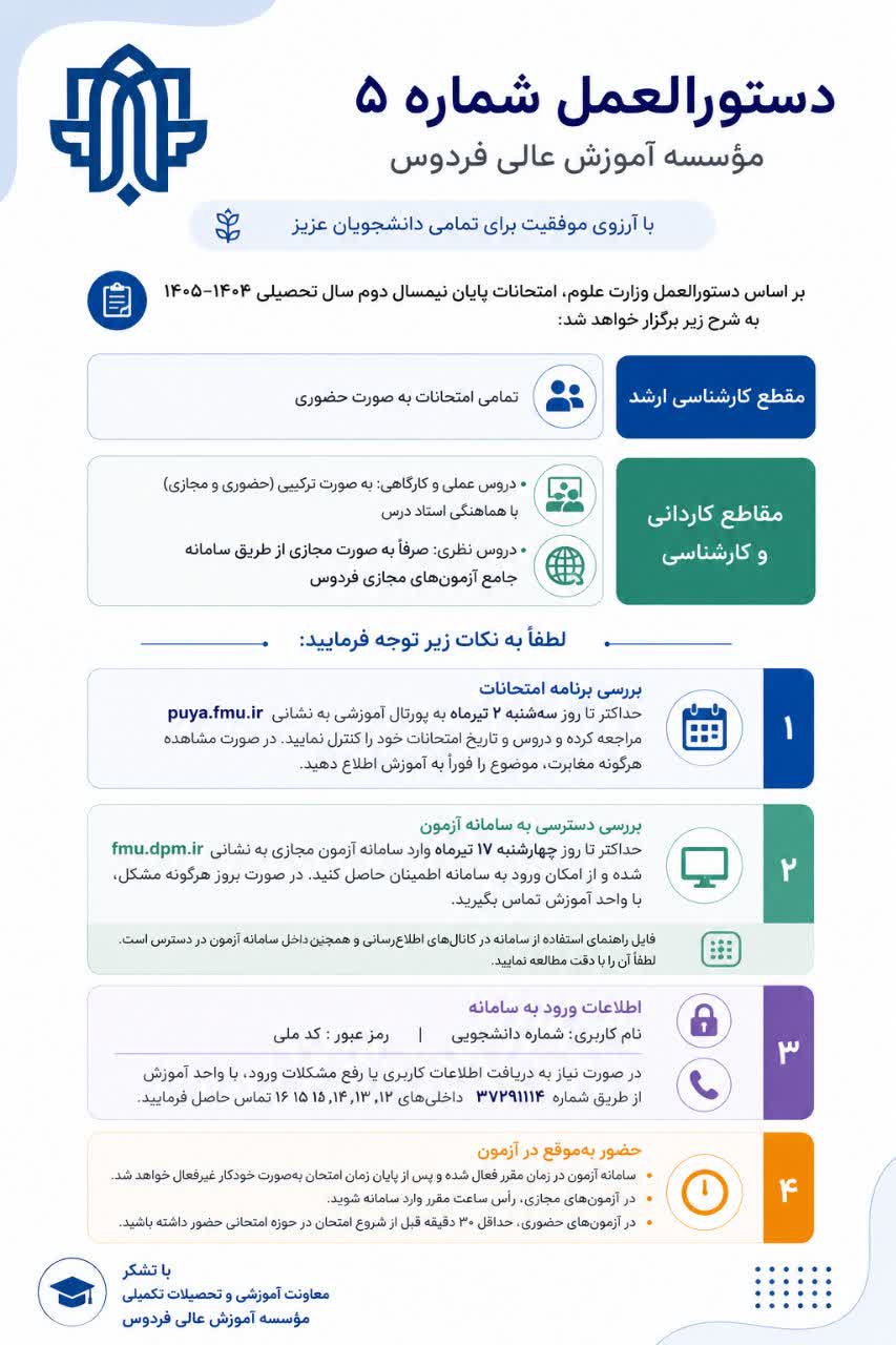 نحوه برگزاری امتحانات نیمسال دوم 1405-1404